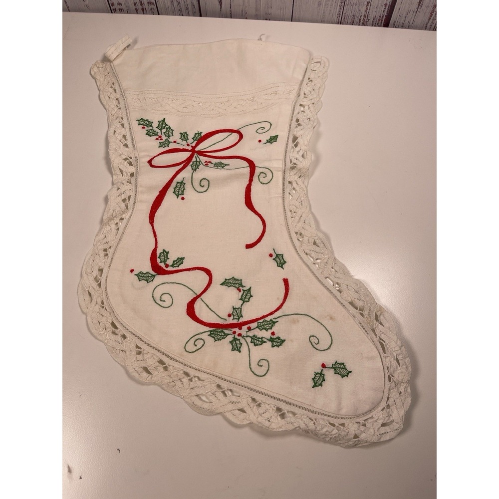 18" Vintage Battenberg Lace Holly Christmas Stocking Embroidery Appliqué